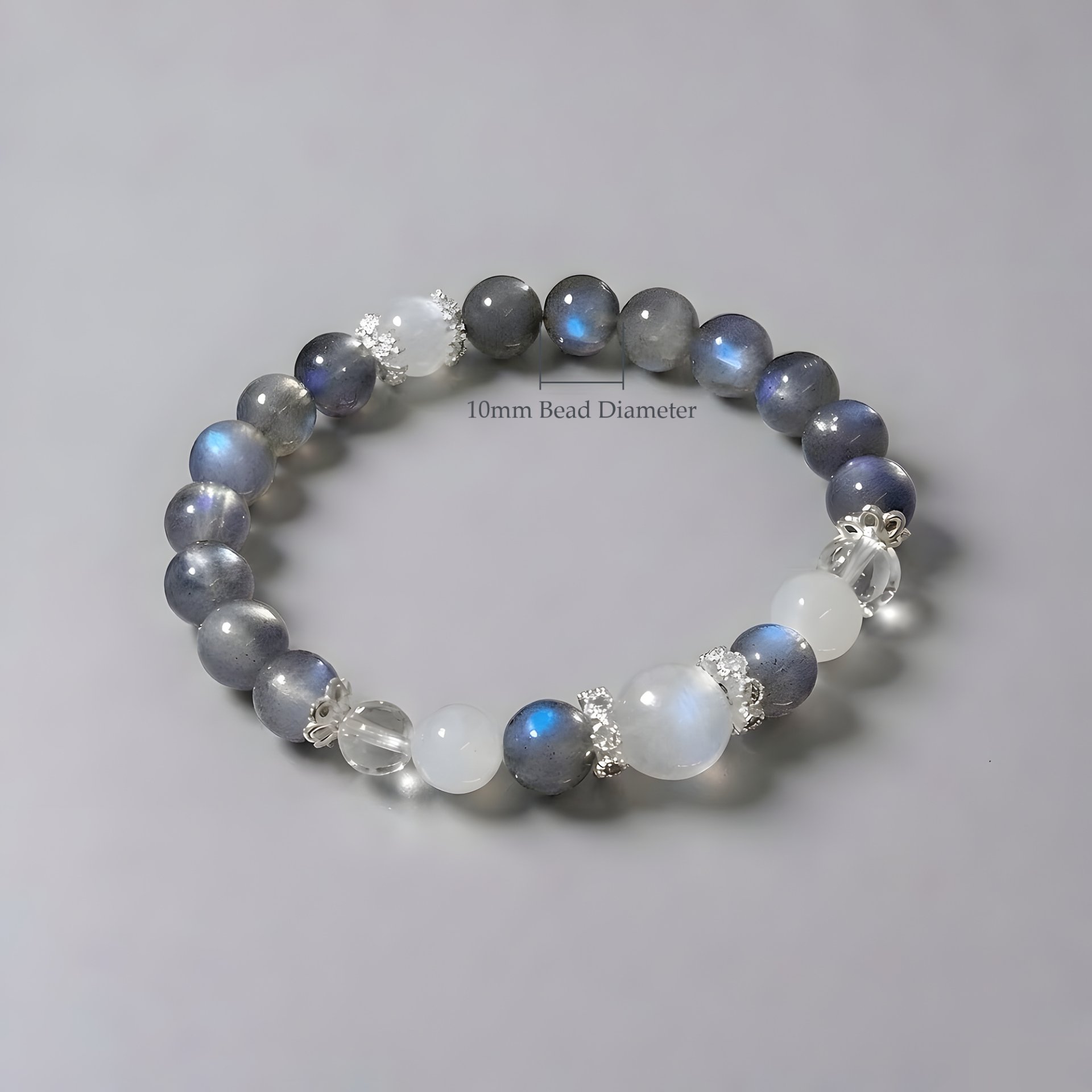 Lunar Glow Bracelet showing 10mm bead diameter