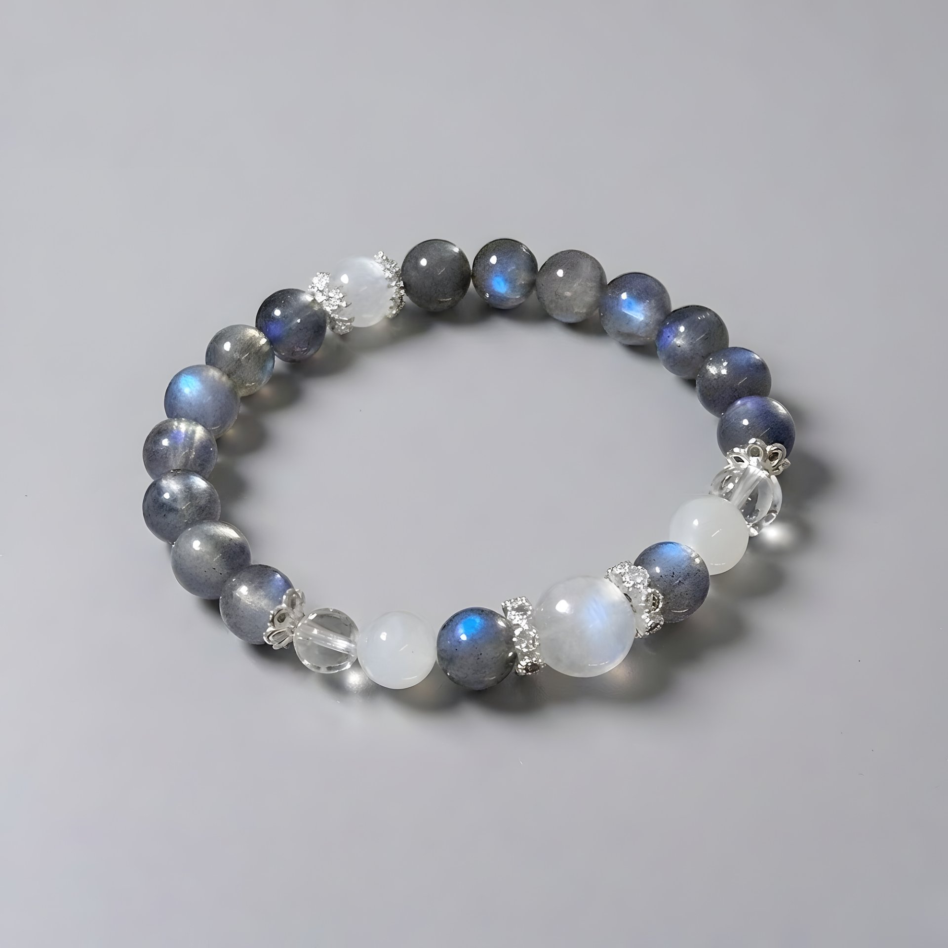 Lunar Glow Bracelet with blue moonstone, labradorite and clear quartz beads