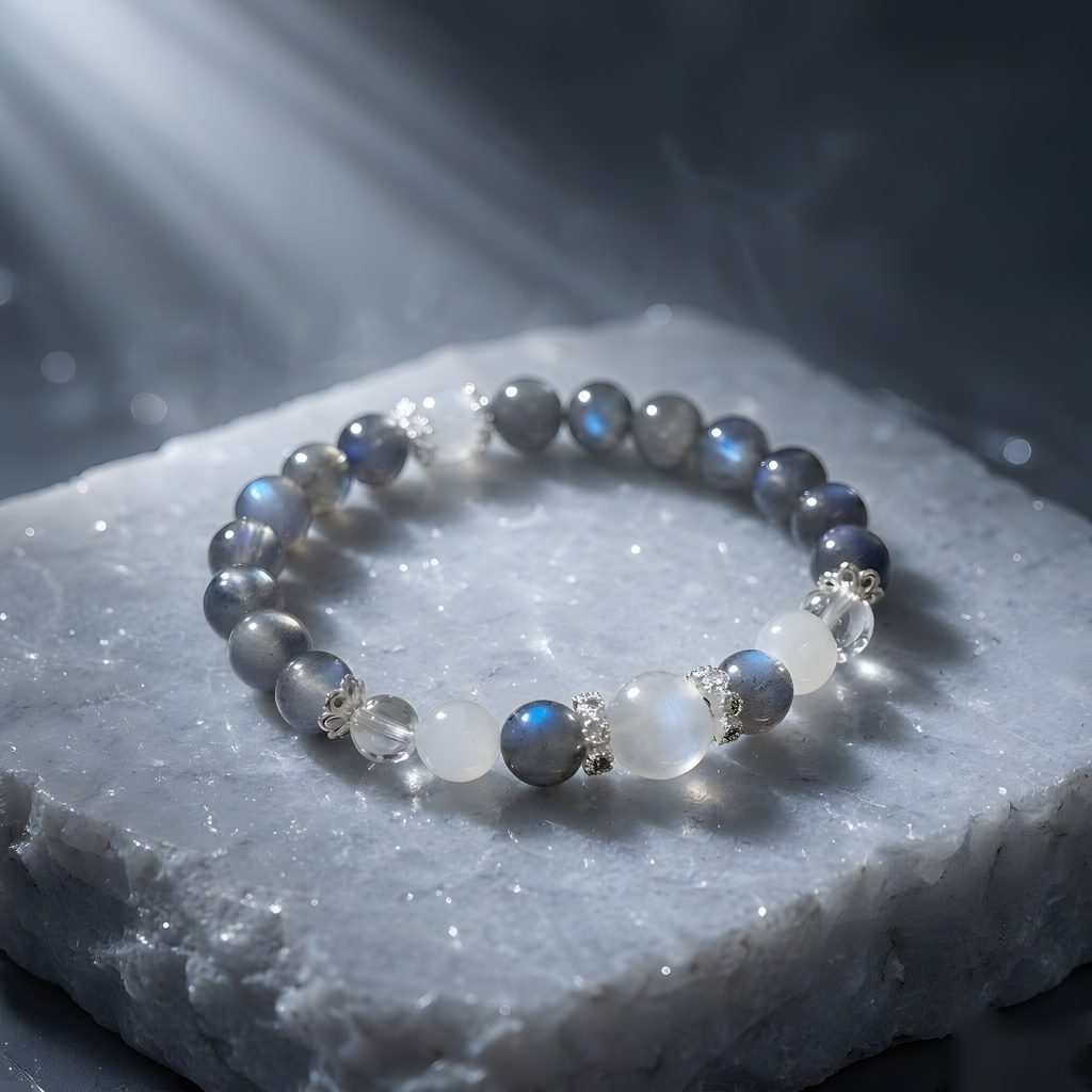 Lunar Glow Bracelet on moonlit stone, Celestial collection scene