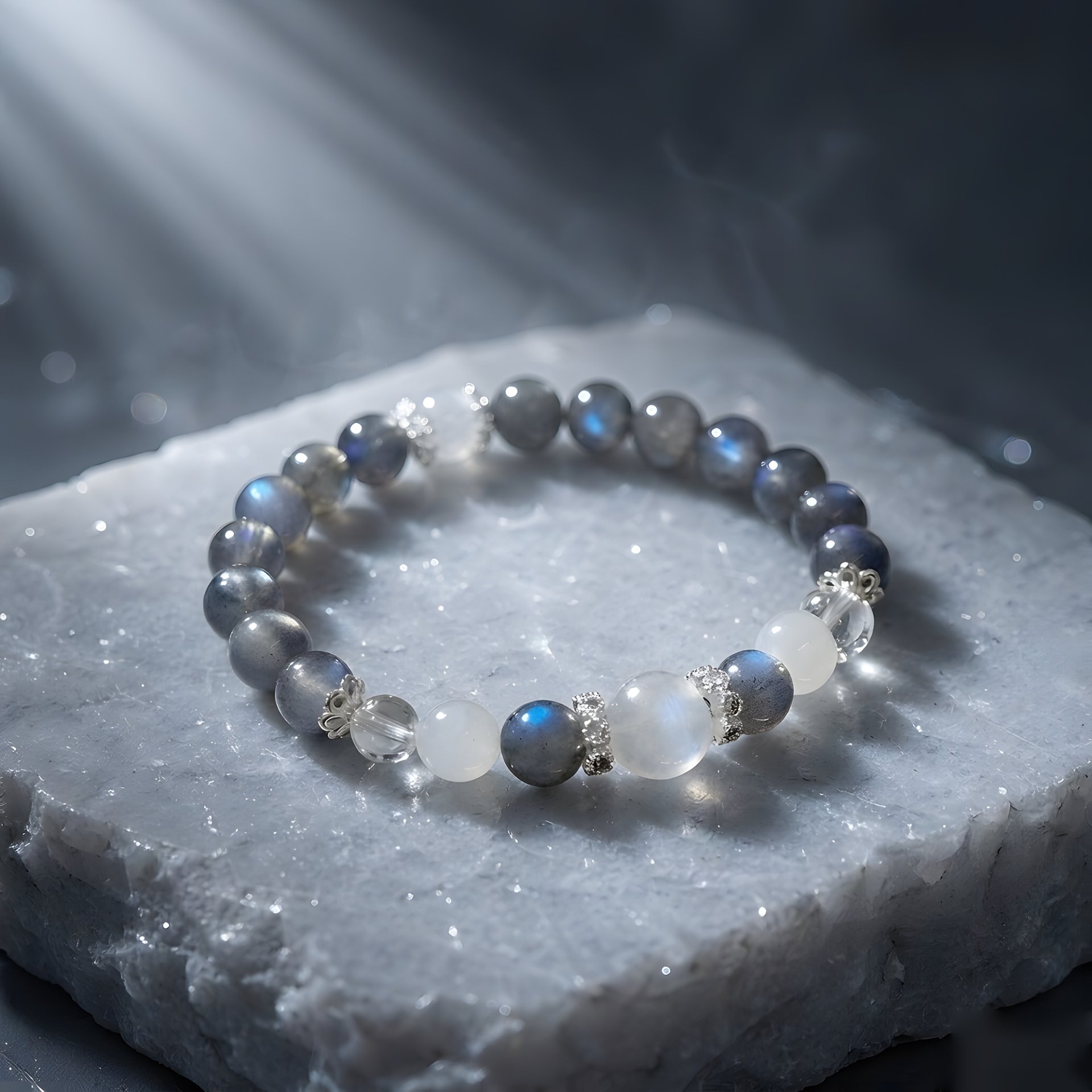 Lunar Glow Bracelet on moonlit stone, Celestial collection scene