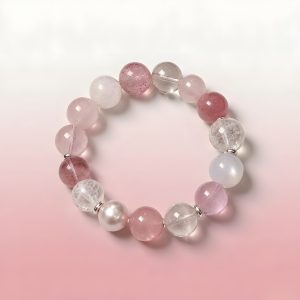 VenusGlow natural gemstone bracelet featuring Strawberry Quartz, Rose Quartz, Blue Moonstone, Clear Quartz and a natural pearl with 925 sterling silver accents