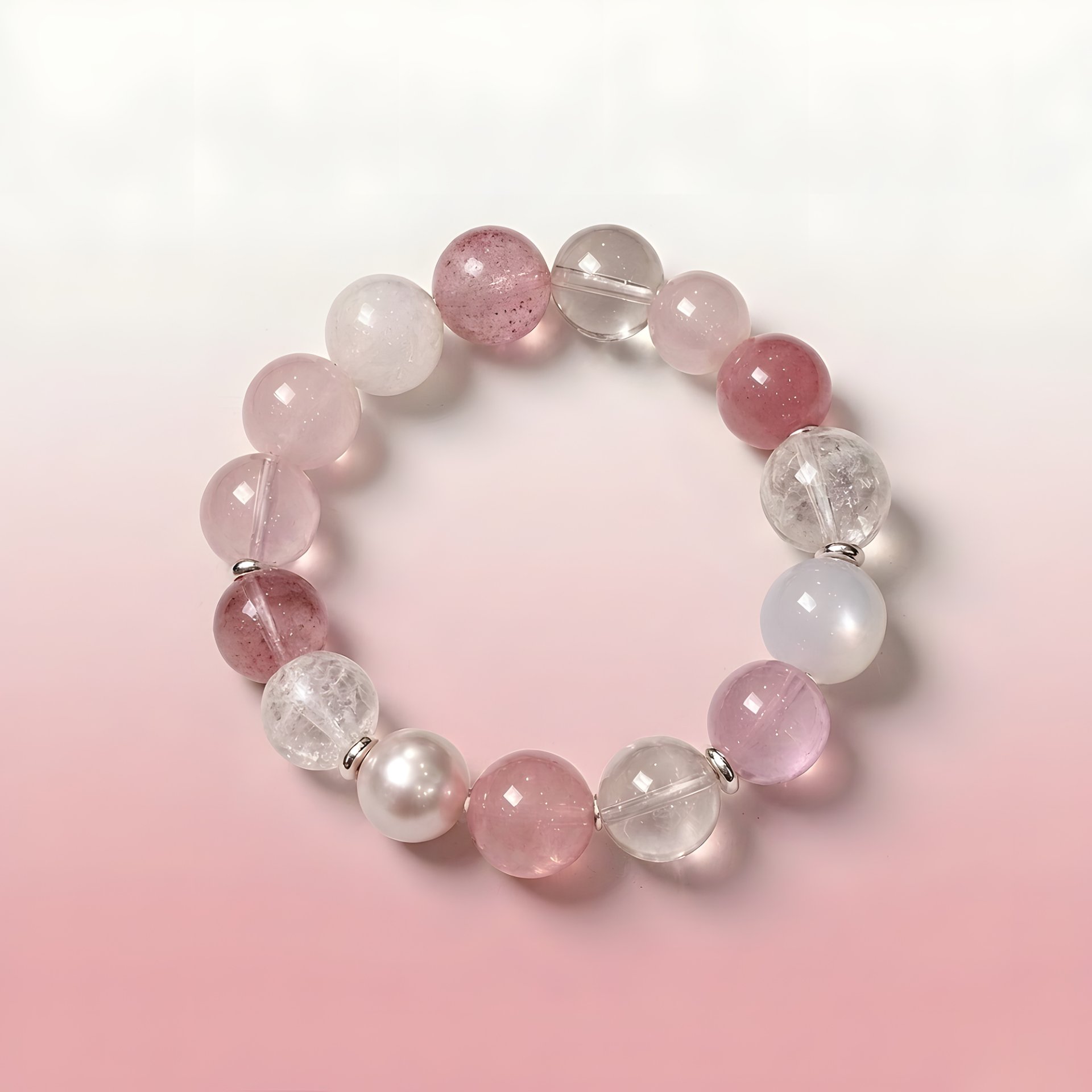 VenusGlow natural gemstone bracelet featuring Strawberry Quartz, Rose Quartz, Blue Moonstone, Clear Quartz and a natural pearl with 925 sterling silver accents