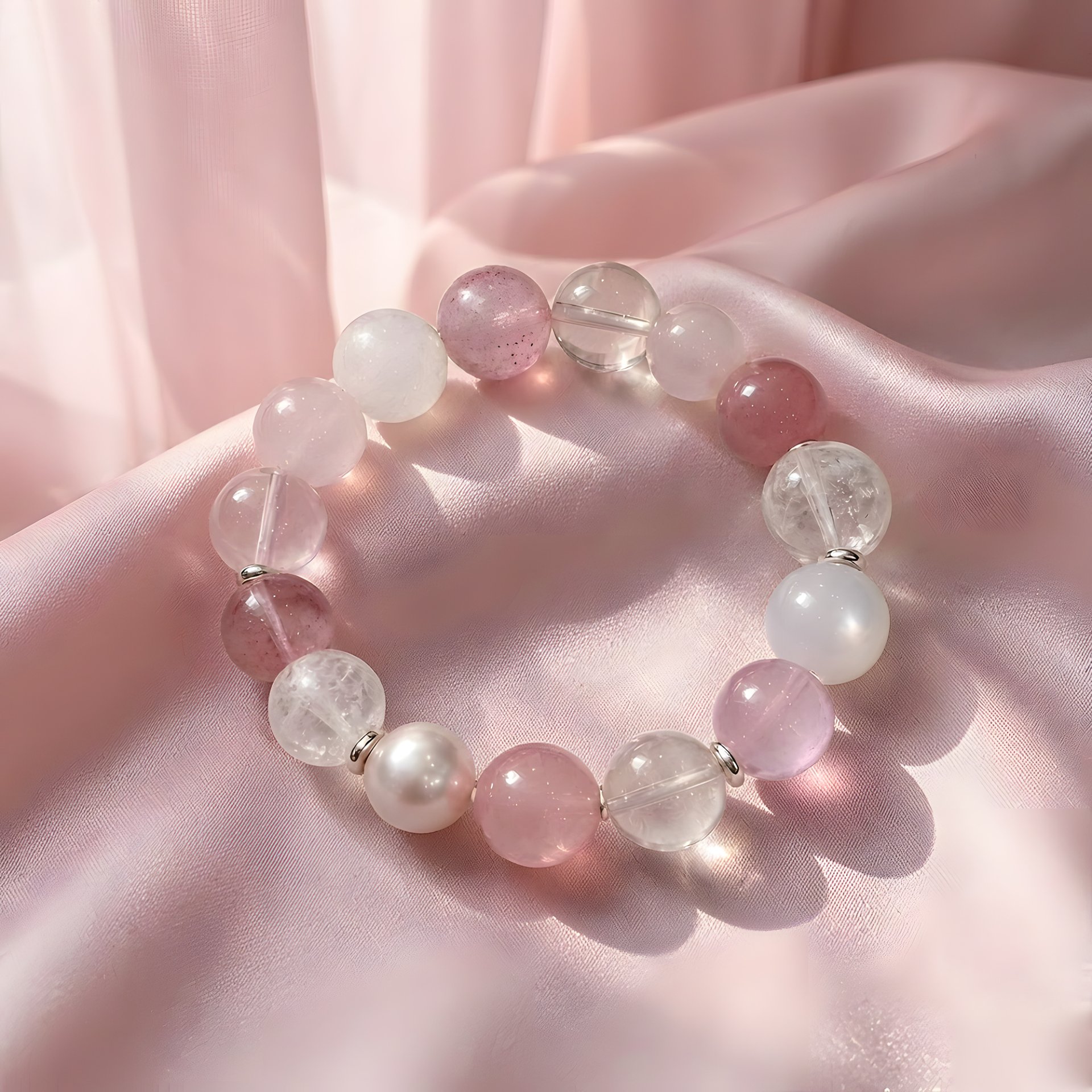 VenusGlow natural gemstone bracelet arranged on soft pink satin fabric in warm natural light