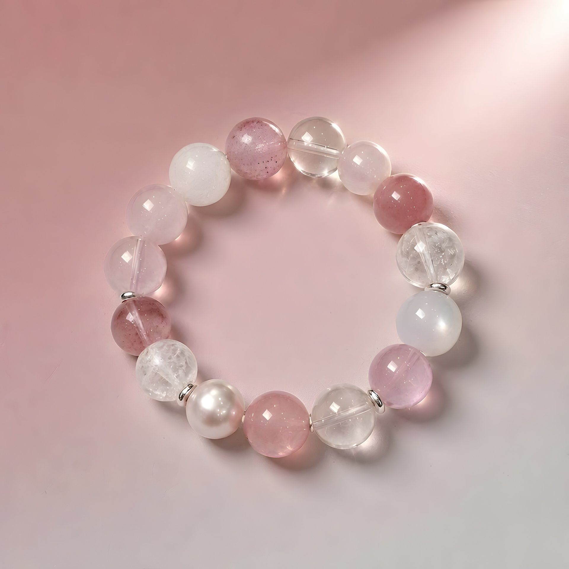 VenusGlow natural gemstone bracelet with pink and white crystals photographed for 12thGems